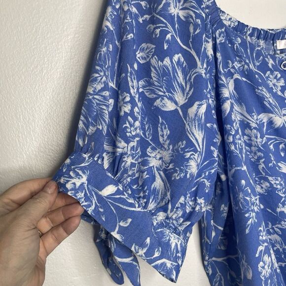 Lauren Conrad Blue White Floral Fairycore  Button‎ Down RayonBlend Top SZ XXL - Picture 7 of 13